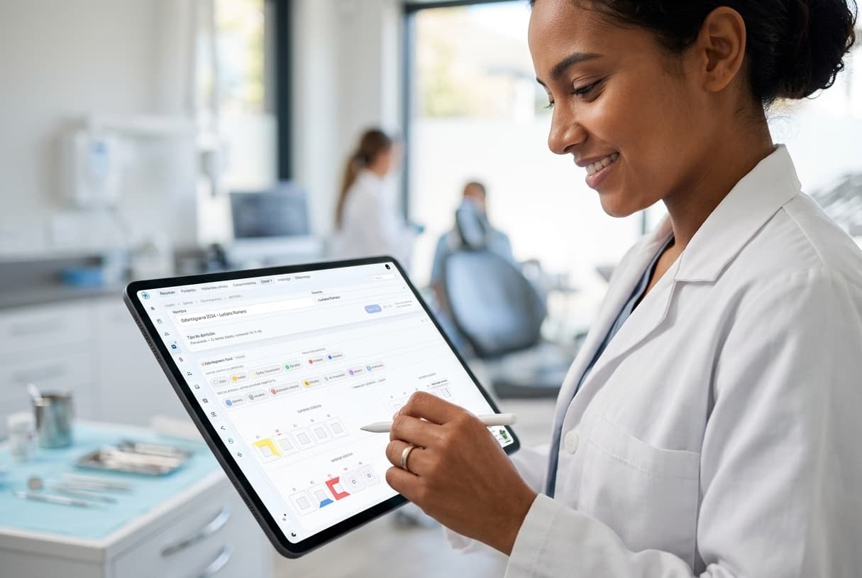 Odontóloga registrando el odontograma digital de Semilla en una tablet durante la atención al paciente